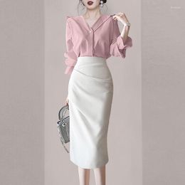 Work Dresses Women's Spring Dress Two Piece Set Female Elegant Pullover Blouse And Solid Pencil Skirt Suit Ladies Fashion Sets G128