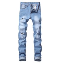 Fashion Men Distressed Ripped Light Blue Jeans Brand Designer Washed Slim Fit Straight leg Streetwear Denim Pants TX2468