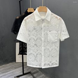 Men's Dress Shirts Shirt Summer Cool Hollow Out Design Casual Short Sleeve Korean Fashion Light Luxury Versatile Floral Blouse Strange