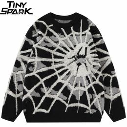 Men's Sweaters Men Streetwear Spider Web Sweater Furry Knitted Sweater Hip Hop Pullover Cotton Harajuku Sweater Soft Y2K Black Red 230822