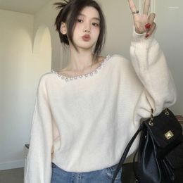 Women's Sweaters Korean Chic Pearl Decorated V-Neck Short Sweater Ladies Elegant Sweet Loose Pullover Female Spring Autumn Women Knitted