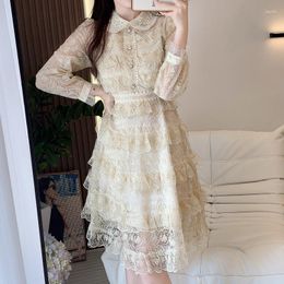 Casual Dresses Runway Mesh Flower Embroidery Party Dress For Women Spring Autumn Fashion Beading Knee Length Luxury Ruffles Cake