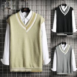 Men's Vests Male Contrast Colour Trendy Sweater Vest V Neck Thermal Knitwear Pullover Anti-shrink Men Autumn And Spring G54