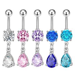 Navel Belly Button Rings Dangling Women Summer Waterdrop Long Medical Stainless Steel Piercing Body Jewlery 2023 New Pink Blue Crystal Wholesale