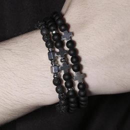 Charm Bracelets 3Pcs/set Natural Stone Cross For Women Men Cool Black Matte Beaded Handmade Multilayer Couple Lover Jewellery Gift