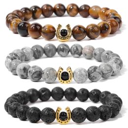 Bangle Lucky Horseshoe Natural Stone Beaded Bracelets For Women Men Horse Hoof Charm Bracelet Tiger Eye Lava Jewellery Pulsera Hombre 230823