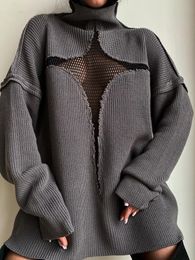 Women's Sweaters Y2K Star Pattern Mesh See Through Sweater Women Long Sleeve Turtleneck Knit Sweatshirt Autumn Y2K Aesthetic Loose Tops Knitwear 230822