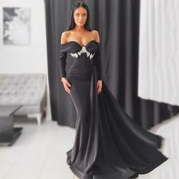 Sexy Black Long Sleeves Evening Dresses sweetheart Off The Shoulder Soft Satin High Split Prom Dress Formal Elegant Vestidos De Gala