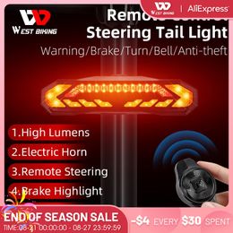 Bike Lights WEST BIKING Bicycle Alarm Remote Steering Taillight IP65 Waterproof USB Charging Tail Light Cycling Safety Anti Theft 230823