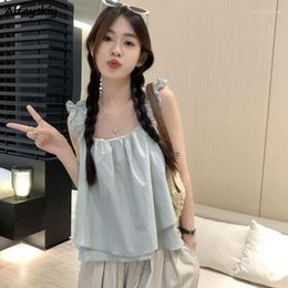 Women's Tanks Women Ruffles Sweet Tops Casual Baggy Summer Fashion Korean Style Simple Aesthetic Tender Students Streetwear Clothes Sexy