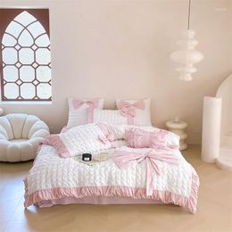 Bedding Sets White 40S Washed Cotton With Pink Bow Princess Set Pleat Patchwork Soft Duvet Cover Bed Sheet Pillowcases