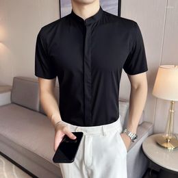 Men's Casual Shirts Plus Size 4XL-M Summer Stand Collar Solid Short Sleeve For Men Clothing 2023 Business Slim Fit Tuxedo Dress Sale