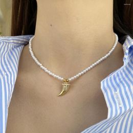 Pendant Necklaces Ox Horn Micro Pave Zircon Imitation Pearl Necklace For Women Collar Stainless Steel Clasp Gold Colour