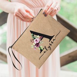 Cosmetic Bags Cases Flower Initial Letter Custom Name Bag Women Neceser Makeup Linen Zipper Pouch Travel Toiletry Organiser Mujer Bolsa 230823