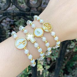 Link Bracelets Tree Of Life Shell Charm Gold Plated Cross Pearl Bracelet On Hand For Women Girls Ladies Birthday Jewellery Gifts