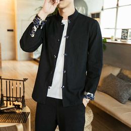 Autumn Chinese style men's cotton linen oversized Chinese Tang style youth long sleeved standing collar shirt with bottom shirt