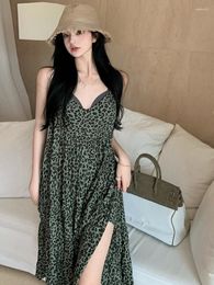 Casual Dresses Korean Summer Holiday Style Leopard Print V-neck Split Suspender Dress Trendy Women Y2k