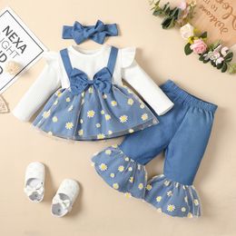 Rompers 0 2 year old born girl baby spring and autumn cotton patchwork imitation denim small daisy mesh long sleeved pants set 230823