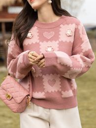 Womens Sweaters Sweater Knitted Pullover Autumn Winter Clothing 3D Flower Loose Pink Y2k Top Kawaii Sweet Fashion Jumpers 230822