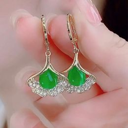 Stud Elegant Womens Long Green Opal Earrings Vintage Earring Sector Shaped Zircon Crystal Fashion Jewellery Wedding Accessories 230823