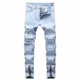 Top quality 2020 whole Casual Biker jeans men's jeans pale blue hole locomotive foot biker motorcycle Zipper men's297d