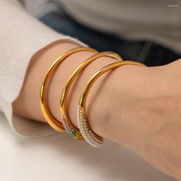Charm Bracelets 18K Gold Plated Stainless Steel Pearl Zircon Bracelet Open Bangle Jewellery For Women