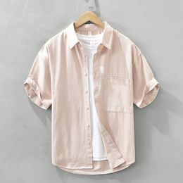 Men's Casual Shirts 3726 100 Cotton Summer Fashion Solid Colour Short Sleeve Simple Loose Blouse Teens Classical Daily Tops Male 230823