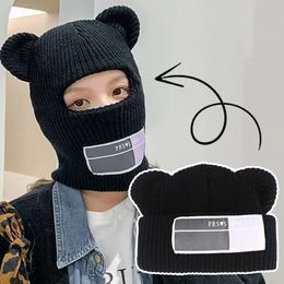 BeanieSkull Caps Cute Full Face Cover Ski Mask Knit Hat with Bear Ear Balaclava Knitted Hats Windproof Bonnet Winter Warm Unisex Beanies 230822