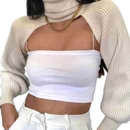 2023 Autumn New High Neck Ultra Short Long Sleeve Pullover Knitted Shirt Sleeves for Women