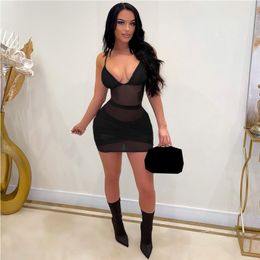 Casual Dresses WUHE Black Sheer Mesh See-Through V Neck Skinny Mini Dress Colthes Womens Stretchy Night Sexy Clubwear Robes