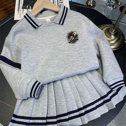 Clothing Sets Girls College Style Skirt Set Student Jk Uniform Suits Spring Autumn Lapel Sweater Pleated 2pcs Outfits Junior Tracksuit 230823