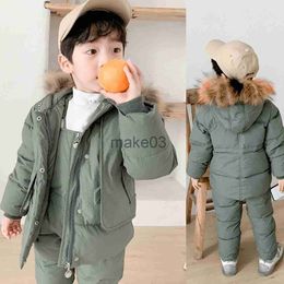 Down Coat 2022 New Winter 2 3 4 6 8 Years Fur Hooded JacketOveralls Suit 2Pcs Duck Down Children Clothing Set for Baby Kids Girls Boys J230823