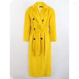 Women's Fur 2023 Winter Women Sashes Double Breasted Fluffy Overcoat Long Yellow Black Warm Faux Sheared Mink Trench Coat Thick Jacket