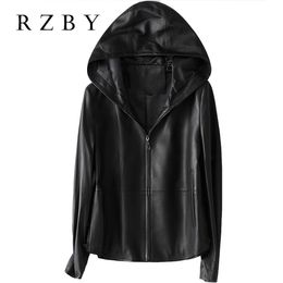 Womens Leather Faux RZBY Women 100% Real Sheepskin Coat Hooded jacket spring fashion Genuine Jackets Chaqueta Mujer Top Quality 230822