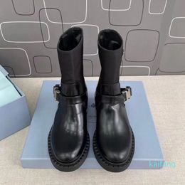 Short Black Boots Buckle Thick Heel Mid-Calf Designer Boots Autumn and Winter Boot