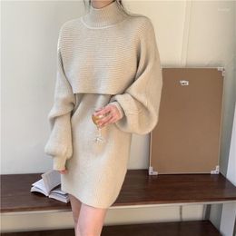 Work Dresses Autumn Winter Loose Knit Solid Pullover 2 Piece Set Women Fashion Turtleneck Sweater Jumper Elegant Vest Dress Suit Office Lady