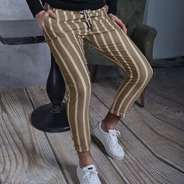 Men's Pants Business Men Office Classic Stripe Print Slim England Style Lacing Up Casual Trousers Streetwear Gentleman Pencil Pant 230822