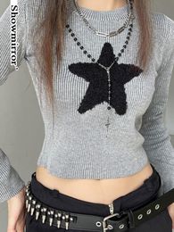 Womens Sweaters Winter Knit Tops Y2K Star Print Harajuku Crop Top Fitted Sweater Long Sleeve Grey Vintage Pullover Girl Tshirts Mujer 230822