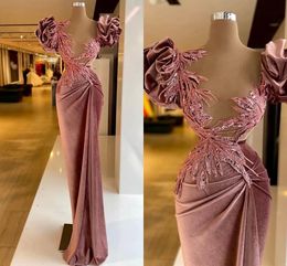 Rose Pink Veet Evening Dress Sequined Pleats Sheer V Neck Prom Gowns Short Puffy Sleeves Celebrity Party Dresses Custom Made