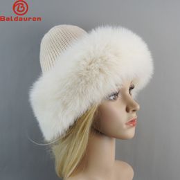 Beanie/Skull Caps Women's Winter Real Fur Wool Knit Hat Lady Cap Beanie Winter Hats Women Natural Fur Fluffy Warm Fedoras Knitted Fur Hats 230822