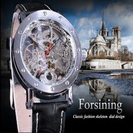 cwp 2021 Forsining Watch Bracelet Set Combination Silver Skeleton Red Hand Black Genuine Leather Automatic Watches Men Transparen291N