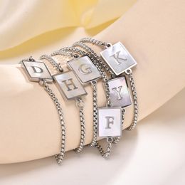 Stainless Steel Shell Letter A-Z Square Pearl Chain Bracelets Steel Colour Adjustable Women's Fashion Bracelet N1261