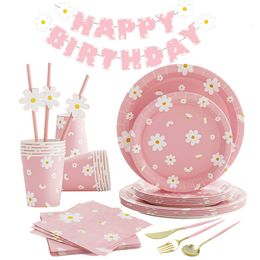 Other Event Party Supplies Daisy Themed Birthday Decor Pink Disposable Tableware Paper Plate Napkin Banner Hat 1Year Baby Shower 230822