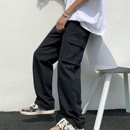 Men's Pants Men Cargo Solid Color Hiphop Style Loose Pattern Multi Pockets Elastic Waist 230822