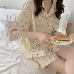 Women's Sleepwear Yellow Floral Print Summer Pyjamas Set Women Single Breasted Blouse Shorts Suit Cotton Korean Ins Two Piece Home