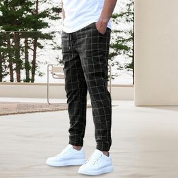 Men's Pants Men Pencil Plaid Print Midrise Casual Long Elastic Waist Drawstring Slant Pockets Male Trousers Streetwear 230822