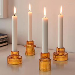 Candle Holders Stained Glass Vintage European Candles Amber Pink Transparent Candlestick Table Stand Home Decoration