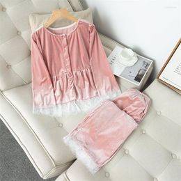 Women's Sleepwear Lounge Wear Autumn Nightwear Home Clothes Loose 2 Pieces Women Velour Pajamas Set Soft Pyjamas Shirt&Pants