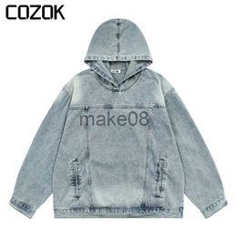 Men's Hoodies Sweatshirts HighEnd Vintage Men Denim Hooded Jacket Sweatshirts Streetwear Casual Y2k Tops Loose Hip Hop Hoodies Harajuku Pullovers J230823