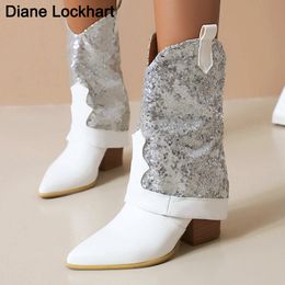 Boots Cossacks Silver Pink Cowboy Ankle Women Square Heel Calf Pointed High Booties Western Shoes Sapatos femininos 230823
